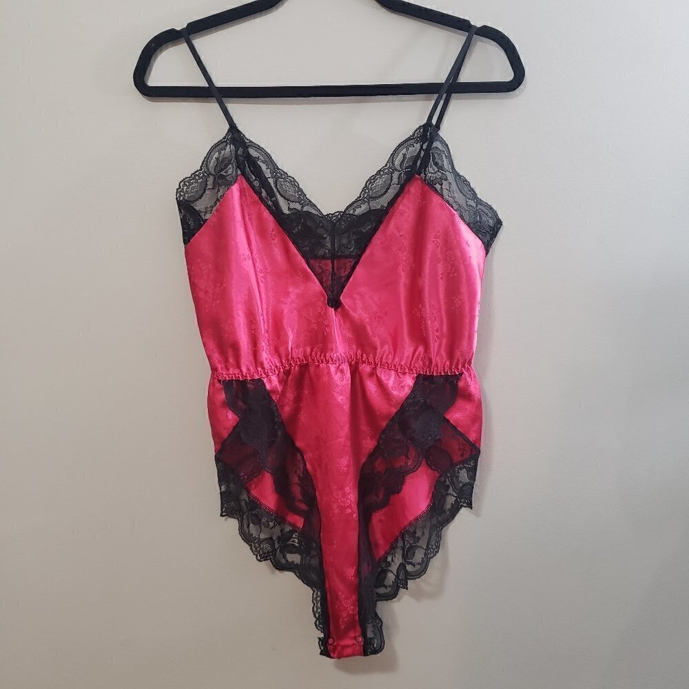Vintage Satin & Lace Teddy Sz S Red Black - Picture 2 of 6